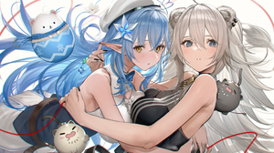 Anime Anime Girls Hugging Animal Ears Pointy Ears Blue Hair Silver Hair Shishiro Botan Yukihana Lamy 8406x4961 Wallpaper