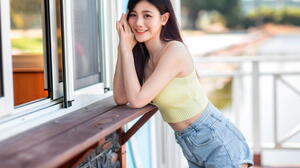 Asian Model Women Long Hair Dark Hair Depth Of Field Women Outdoors Window Short Tops Leaning Lookin 2560x1706 Wallpaper
