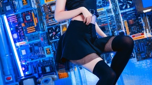 Women Model Asian OTK Socks Black Clothing Long Hair Brunette 1280x1920 Wallpaper