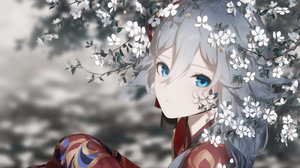 Honkai Impact 3rd Fu Hua Anime Anime Girls Face Closeup Aqua Eyes Gray Hair Flowers Plants Portrait  2400x1350 Wallpaper