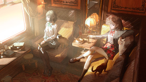 Train Cats Sunrise High Angle Legs Crossed Looking Away Two Women Couch Anime Girls Sunlight 3700x1806 Wallpaper