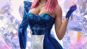 ZOh Ahri League Of Legends K DA League Of Legends Blonde Dyed Hair Pink Hair Pink Eyeshadow Blue Eye 996x1400 Wallpaper