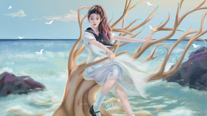 Sea Gulls Tree Trunk Women White Skirt Sky Asian Sailor Uniform 3840x2185 Wallpaper