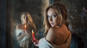Women Model Blonde Long Hair Looking At Viewer Bare Shoulders Candles Mirror Blue Eyes Open Mouth Fa 2048x1366 Wallpaper