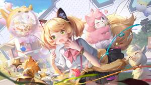 People Games Posters Anime Anime Girls Fox Girl Fox Ears Fox Tail Blonde Green Eyes 3000x1526 Wallpaper