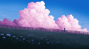 Field Clouds Clear Sky Anime Girls Pink Atmosphere Moon Crescent Moon Sky Railing Flowers 3840x2160 Wallpaper