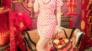 Polka Dots Dress Asian Women Oriental Long Hair Brunette Red Touching Face Finger On Lips Joshua Cha 1365x2048 Wallpaper
