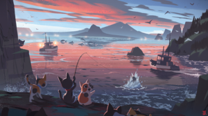 Cats Fishing Coast Dolphin Ship Fish Digital Art Humor Boat Sunset Water Sunset Glow Mountains 7680x4320 Wallpaper