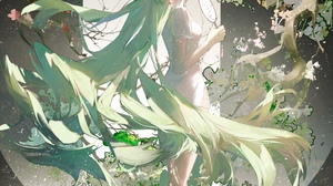 Anime Anime Girls Flowers White Dress Long Hair Green Hair Green Eyes Water Lilies Fans Water Lookin 3270x5296 Wallpaper