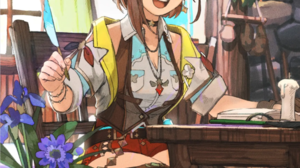 Atelier Ryza Anime Anime Girls Vertical Braided Hair Brunette Brown Eyes Necklace Choker Sitting Pla 1012x1375 wallpaper