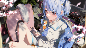 Anime Anime Girls Short Hair Blue Hair Twintails Looking At Viewer Feet Barefoot Dress White Dress J 5200x3900 Wallpaper