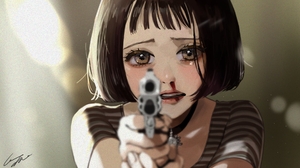 Anime Anime Girls Brunette Short Hair Bangs Brown Eyes Stripped Shirt Mathilda Leon Gun Nose Bleed C 1920x1080 Wallpaper