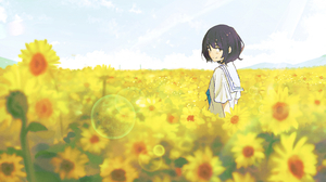 Anime Girls Anime Sunflowers Black Hair School Uniform Field Looking At Viewer Oka Kojiro Flowers Sc 4090x2759 Wallpaper