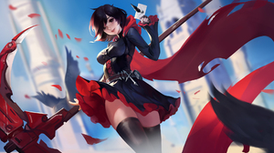 Black Hair Short Hair Skirt Thigh Highs Birds Weapon RWBY Ruby Rose RWBY Scythe Anime Girls 1920x1080 Wallpaper
