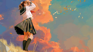 Digital Art Digital Artwork Illustration Sunset Clouds Wind Women Schoolgirl Skirt 5120x2880 Wallpaper