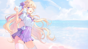 Anime Anime Girls Harusame Artwork Beach Long Hair Blonde Purple Eyes Wink Thigh Highs School Unifor 8522x5185 Wallpaper
