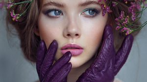 Alexey Kazantsev Women Flowers Brunette Blue Eyes Makeup Pink Lipstick Gloves Purple Portrait Simple 960x1280 wallpaper