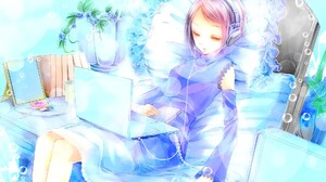 Anime Anime Girls Original Characters Closed Eyes Laptop Headphones Cyan 1920x1080 Wallpaper