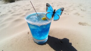 Ai Art Drink Blue Butterfly Sand Beach Shadow 4579x2616 Wallpaper
