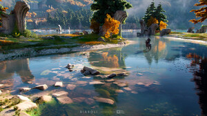One Pixel Brush CGi Landscape Lake Ruins Reflection Water Rocks Digital Art Watermarked 3000x1587 Wallpaper