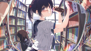 Original Characters Glasses Library Anime Anime Girls Women With Glasses Books Dark Hair School Unif 1425x1386 Wallpaper