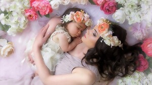 Child Baby Sleeping Flower Cute Brunette White Flower Wreath Pink Flower 2400x1644 Wallpaper