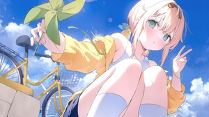 Anime Anime Girls Kazama Iroha Hololive Virtual Youtuber Hana Mori Sky Clouds Bicycle Peace Sign Thi 3500x2484 wallpaper