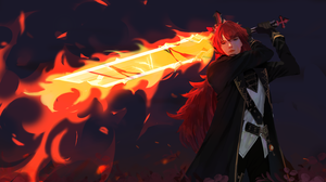 Diluc Genshin Impact Flame Red Hair Sword 6237x3508 Wallpaper