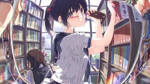 Anime Girls School Uniform Glasses Schoolgirl Books Library POV Artwork Ogipote 4096x4043 Wallpaper