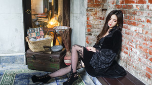 Asian Model Women Dark Hair Long Hair Sitting High Heels 3840x2561 Wallpaper