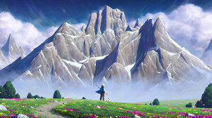 Digital Art Artwork Illustration Landscape Mountains Field Clouds Dog Flowers Grass Nature 1920x1054 Wallpaper