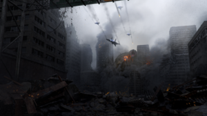 High Tech Aliens Jet Fighter Creature City Ruins Debris Smoke Science Fiction 3840x1920 Wallpaper