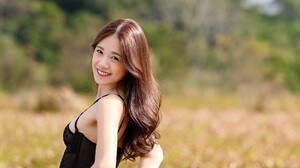 Robin Huang Women Asian Brunette Long Hair Looking Back Smiling Field Black 2048x3072 Wallpaper
