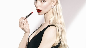 Anya Taylor Joy Women Actress Blonde Makeup Red Lipstick Pale White Background Black Dress 853x1280 Wallpaper