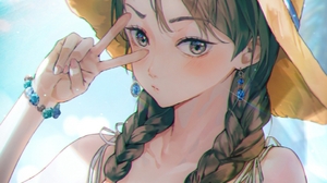 Original Characters Summer Brunette Twintails Sun Hats Peace Sign Vertical Anime Girls Straw Hat Bra 1038x1280 Wallpaper