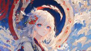 Ai Art White Hair Anime Anime Girls Flower In Hair Kimono Blue Eyes Looking At Viewer 1920x1080 Wallpaper