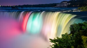Waterfall River Water Colorful Night Leaves City Lights Building Nature 7680x4320 Wallpaper