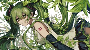 Anime Anime Girls Hatsune Miku Vocaloid Green Hair Leaves Green Eyes Twintails 1920x1080 Wallpaper