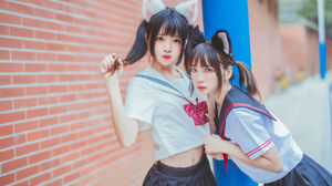 Women Model Women Outdoors Asian Two Women Cat Ears School Uniform Urban Twintails 2698x1800 wallpaper