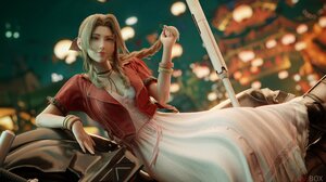 Aerith Gainsborough Final Fantasy Vii Final Fantasy Women Green Eyes Motorcycle White Dress 3D Video 4096x2581 Wallpaper