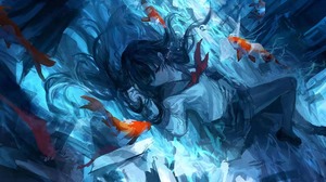 Blue Illustration Anime Anime Girls Fish Underwater Water School Uniform Schoolgirl 2400x1488 Wallpaper