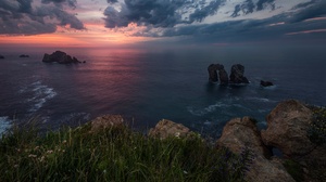 Bay Cantabria Coast Grass Rock Sea Spain Sunset 2047x1361 Wallpaper