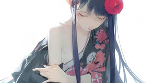 Anime Girls Illustration Loose Clothing Kimono Closed Eyes White Background Simple Background Minima 1382x1200 Wallpaper