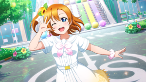 Kousaka Honoka Love Live Anime Anime Girls Redhead Blue Eyes Blushing Wink Flower In Hair White Dres 3670x1836 Wallpaper