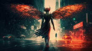 Ai Art Illustration Angel Demon Wings Street City Fire Headlights 4579x2616 Wallpaper