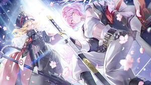 Anime Anime Girls Short Hair Uniform Katana Weapon Petals Flowers Looking At Viewer Standing Pink Ha 1920x1080 Wallpaper