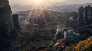 Nature Landscape Trees Monastery Meteora Greece Mountains Sun Rays Fall Forest Valley Sunlight 2000x1333 Wallpaper