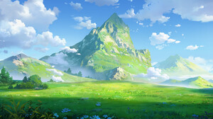 Digital Art Artwork Illustration Landscape Nature Field Mountains Clouds Grass Flowers 3840x1162 Wallpaper