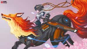 Digital Digital Art Illustration Artwork Character Design Women Cyberpunk Fox Warrior Sword Fantasy  6531x3666 Wallpaper