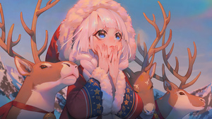 Anime Girls Winter Christmas Blue Eyes White Hair Deer 3840x2160 Wallpaper